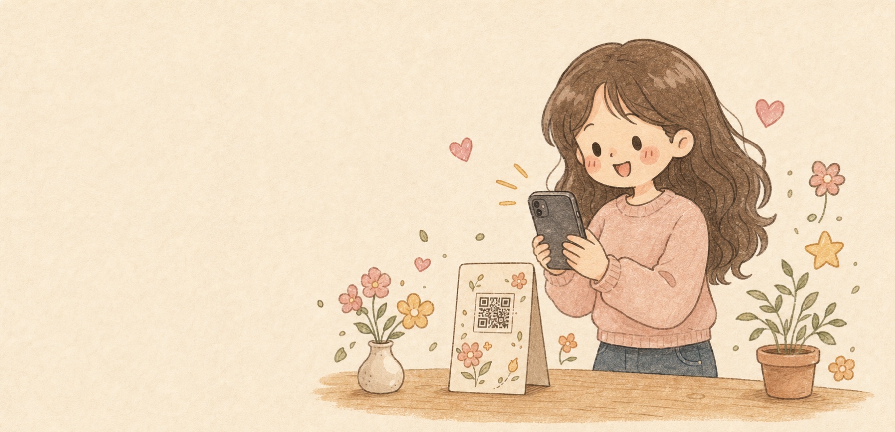 Hand-drawn scene of a customer opening a personalised QR link on a phone