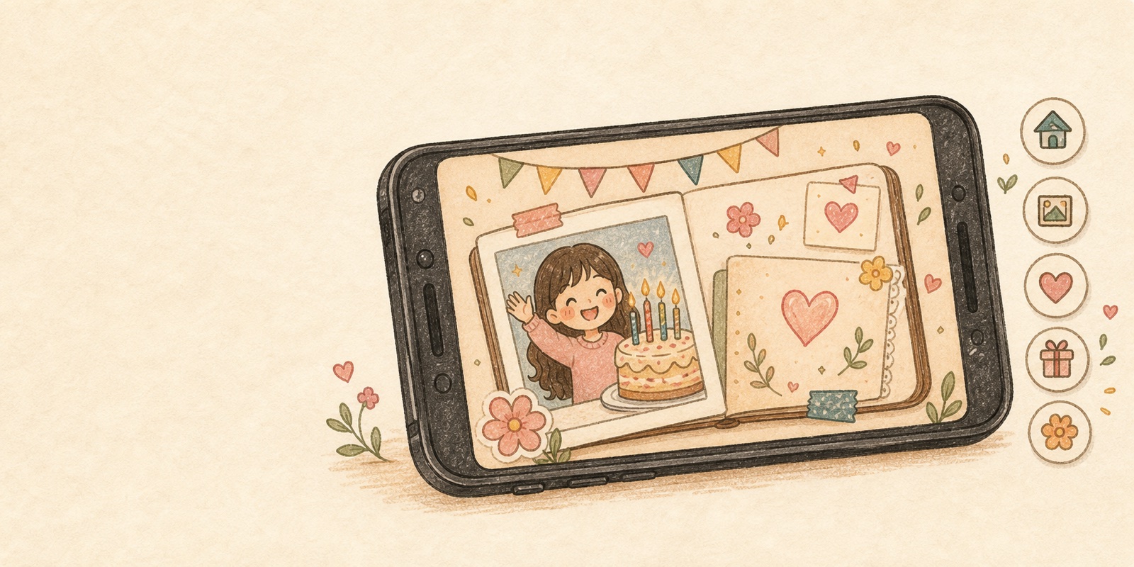 Hand-drawn phone showing a personalised birthday page